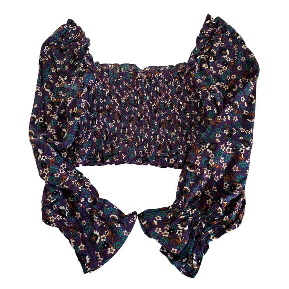 Band of the Free Agathe Purple Boho Floral Print Smocked Long Sleeve Top Medium - Picture 8 of 8